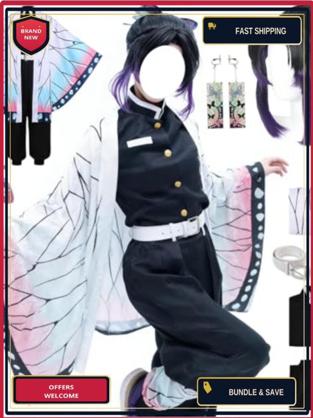 Kochou Shinobu Kimono Costume Set 8PCS with Wig Adult Halloween Uniform